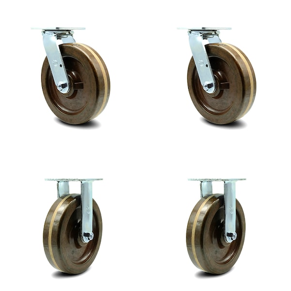 8 Inch High Temp Phenolic Caster Set with Roller Bearings 2 Swivel 2 Rigid SCC